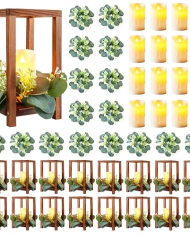 Neoflavie 48 Pcs/16 Set Wedding Lantern Centerpiece for Table-Wooden Candle Lantern Bulk Includes 16 Farmhouse Wooden Candle Holder 16 Flameless LED Candles 16 Eucalyptus Leaves Wreath for Decoration