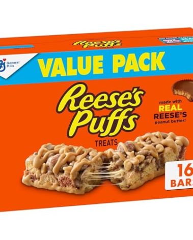 REESE'S Puffs Cereal Treat Bars, Peanut Butter and Cocoa, Snack Bars, Value Pack, 16 Ct, 13.6 oz