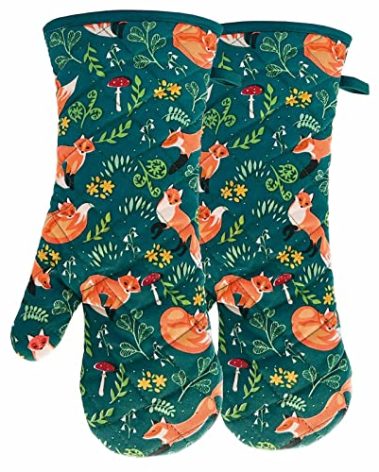 Oven Mitts Cotton Fashion Cute Fox Design 1 Pair Heat Resistant Oven Gloves Safe Cooking Baking Grilling Barbecue Machine Washable (Fox, Oven Mitts)