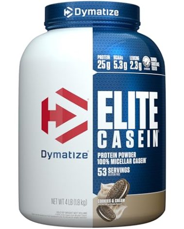Dymatize Elite Casein Protein Powder, Cookies & Cream, 100% Micellar Casein, 25g Protein, 5.4g BCAAs, 2.3g Leucine, Slow Absorbing for Overnight Muscle Recovery, 4 lb (53 Servings)