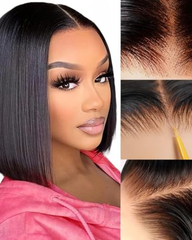 ZHENGON Bob Glueless Wigs Human Hair Pre Plucked Pre Cut 6x4 HD Transparent Lace Front Wigs Human Hair 150% Density Wear and Go Short Straight Wigs for Black Women No Glue Lace Closure Wigs 12 Inch