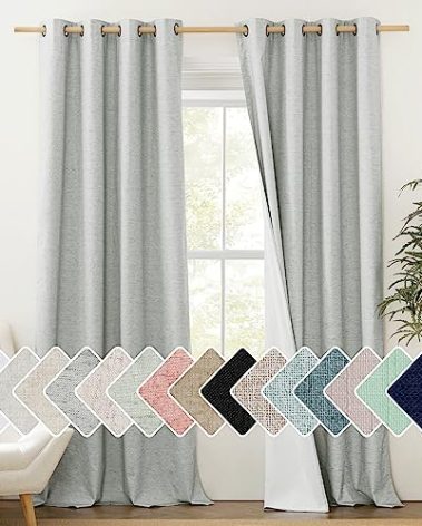 NICETOWN Grey Long Linen Full Shade Panels, 52" Wide x 95" Long, Pair of Thermal Insulated & Energy Efficiency Blackout Curtains for Living Room Windows, Lined Silky Performance Window Dressing