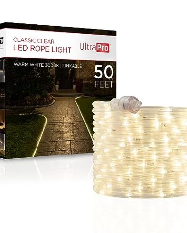 UltraPro LED Rope Lights, 50ft Classic Clear Rope, Warm White Light 3000K, Indoor/Outdoor, Flexible, Linkable, Durable, Rope Lights Outdoor, 54505