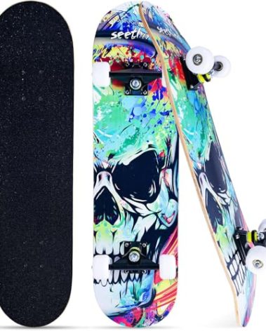 Skateboards for Adults Youths Teens Girls Boys Beginners Pro,31''x8'',7-Layer Maple,Double Kick Concave,Fascinating Cool,Solid&Durable (Skull)