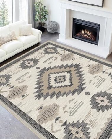 Area Rug 5x7 Western Rug Living Room Southwestern Aztec Rugs Machine Washable Tribal Navajo Southwest Rug Non Slip Printed Low-Pile Indoor Floor Carpet for Dining Room Bedroom Office, Beige
