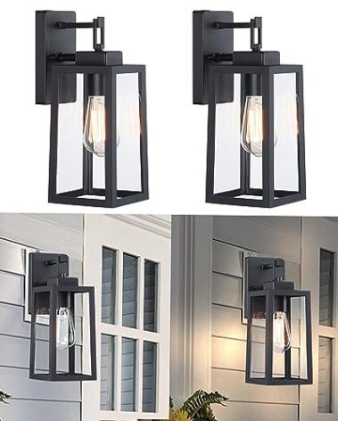 2 Pack Outdoor Wall Light - 14 Inch Exterior Wall Sconce for House, Outdoor Black Wall Lantern for Garage&Patio Front Door, Outside Porch Light Fixture with Glass Shade