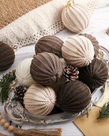 VioraWhite 12 Pcs Crochet Christmas Balls, Modern Christmas Ornaments Neutral Handmade Knitted Cotton Baubles for Xmas Tree Rustic Farmhouse Holiday Decor(Light Beige, Tan, Brown, White,3.15 Inch)