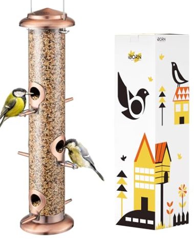 iBorn Metal Bird Feeders Brushed Copper Wild Bird Feeder for Outdoors Hanging All Metal Brushed Copper Finishing 14 Inch 6 Port(Seed is not Included)