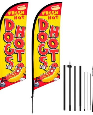 HunnmingRe 2 Set Hot Dogs Feather Flag Kit, 8ft Advertising Swooper Flag Banner with Pole and Ground Stake for Business Restaurant Advertising Banner for Outside Ground