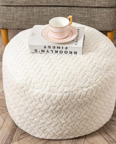 AbunHeri Stuffed Pouf Ottoman Pouf for Living Room Bedroom Floor Storage Pouf Footstools Round Ottoman Foot Rest Stool 20"x20"x12" with Foam Filler (White)