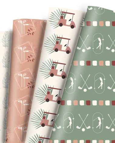 Vnaaem Pink Golf Wrapping Paper for Men Women Boys- 8 Pcs Golf Sports Gift Wrap with Golf Clubs, Balls, Carts Design for Birthday Mother's Day Father's Day Holiday - 19.6 X27.8Inch
