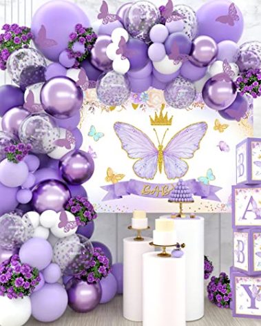 Purple Butterfly Baby Shower Decorations for Girl，Purple Balloon Garland Arch Kit，Purple Butterfly Baby Boxes and Butterfly Backdrop Kit for Baby Shower Butterfly Birthday Lavender Party Decorations