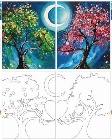 Dinifee 2 Pack Pre Drawn Canvas for Painting Sip and Paint Kit for Couple 8" x 10" Stretched Pre Printed Canvas Couples Date Night Art Party for Adults Anniversary Wedding Gift(Romantic Tree)