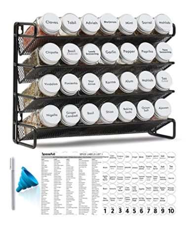 SpaceAid Spice Rack Organizer with 28 Spice Jars, 386 Spice Labels, Chalk Marker and Funnel Set for Cabinet, Countertop, Pantry, Cupboard or Door & Wall Mount - 28 Jars, 13.4" W × 10.8" H, White