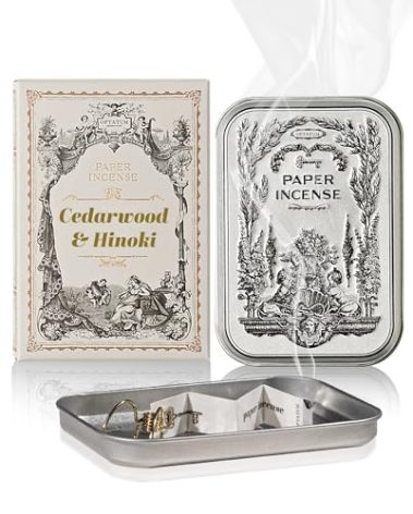 Paper Incense - 48pcs with Vintage Tin Case, Burning Papers Infused with Natural Essential Oils, Quick Usage & Long-Lasting Fragrance, Eliminating Bathroom, Kitchen, Pet Odors - Cedarwood & Hinoki