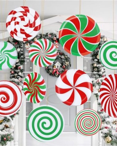12 Pcs 12 Inch/10 Inch Large Christmas Decorations Outdoor Double Sided Christmas Yard Hanging Ornaments Holiday Porch Lawn Candy Hanging Decorations for Xmas Tree Porch Yard Decor