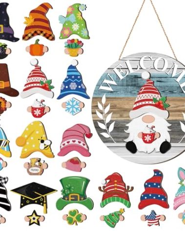 Qunclay Interchangeable Wooden Gnome Decor Holiday Seasonal Gnome Decorations with Magnet Pieces and Detachable Hats Changeable Welcome Sign for Home(Cute Style)
