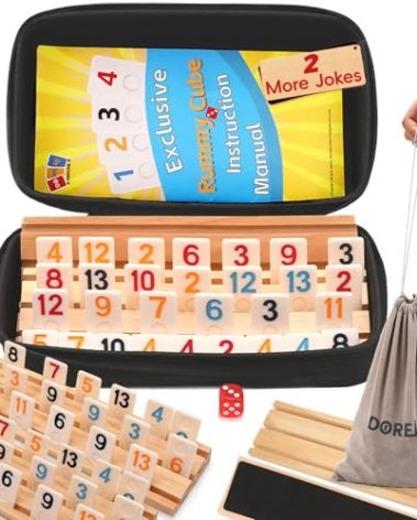 Doreimi Upgraded Rummy Cube Game Set 6 Plays with 6 Wooden Holders and 162 Rummy Tiles, Travel and Family Board Game for Adults and Kids