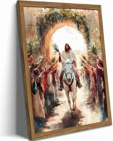 Jesus Painting Wall Art, 3D Textured Hand Drawn Sandstone Christian Wall Decor, Frame Jesus Triumphal Religious Pictures Artwork for Bedroom Living Prayer Room 16x24 inch Wood Framed