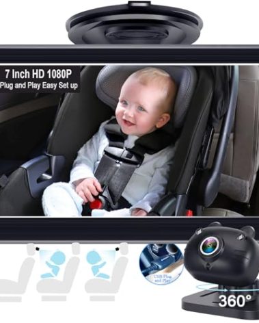 DoHonest Baby Car Camera 7-Inch: USB Plug and Play Easy Setup 360 Degree Rotating Backseat Camera Two Kids HD 1080P Rear Facing Car Seat Cameras Clear Night Vision -V9