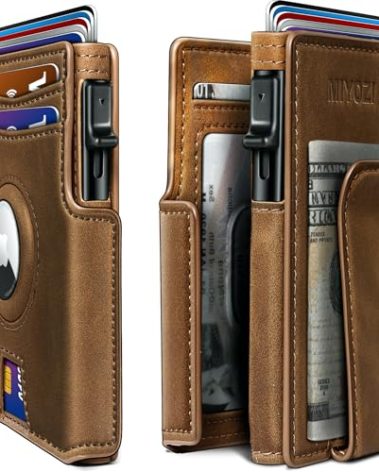 miyozi Airtag Wallet for Men,with Money Clip 10 Cards Metal Case Smart Slim Pop Up Credit Card Holder Flip with Magnetic Closure RFID Blocking Wallet with Gift Box