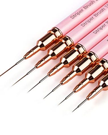 Striping Nail Art Brushes, Yasterd 6pcs Super Fine Striper Brush Set for Long Lines, Thin Details, Fine Drawing, Delicate Coloring, Elongated Lines, Pink Metal Handle Nail Brushes for Nail Art Fine Designs-Sizes 5/7/9/11/15/25mm