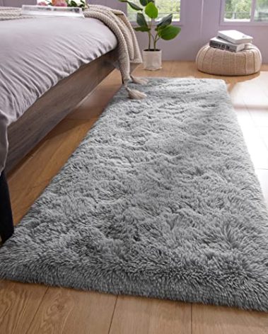 YJ.GWL Shag Runner Rug Non Slip for Bedroom Living Room Soft Small Rugs for Dorm, 2x6 Feet Grey Plush Carpet Runner for Nursery Dorm, Fuzzy Bedside Rug for Kids Boys Girls Room Home Decor