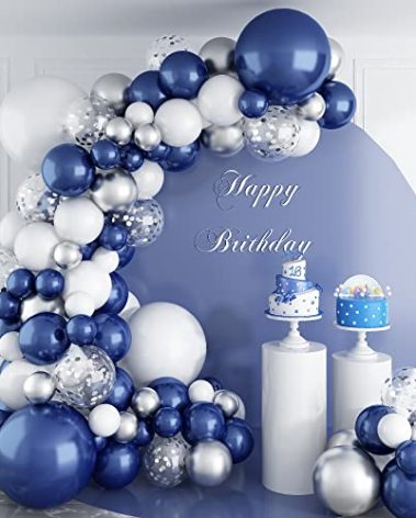 144PCS Navy Blue Silver Balloons Garland Kit, 18 12 10 5 inch Blue White Balloons and Silver Confetti Balloon Garland, Navy White Balloon for Graduation Birthday Baby Shower Wedding Party