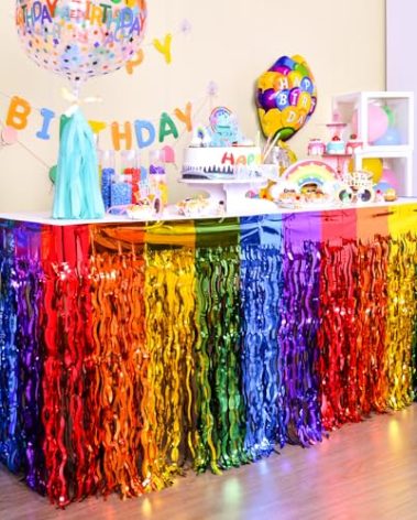 LOLStar Rainbow Party Decorations, 2 Pack Wavy Metallic Tinsel Foil Fringe Table Skirts, Perfect Table Decors for Birthday Holiday Wedding Engagement Bridal Shower Pride Party Cartoon Party