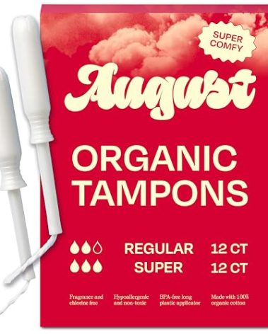 August Super + Regular Tampons - 24-Pack (12 + 12) 100% Organic Cotton Tampons for Women and Anyone Who Menstruates, Non-Toxic, Fragrance-Free, and Hypoallergenic with Long Applicators