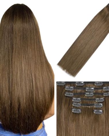 WindTouch Clip in Hair Extensions Real Human Hair #6 Chestnut Brown Hair Extensions 22 Inch 75g 7PCS Light Brown Extensions for Women