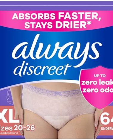 Always Discreet Adult Incontinence Underwear for Women and Postpartum Underwear, Extra Large, Up to 100% Bladder Leak Protection, 64 Count (2 Packs of 32)