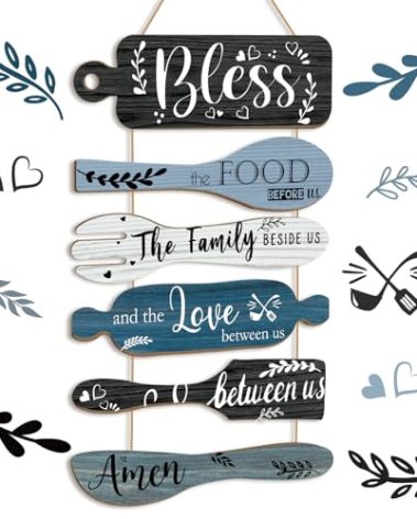 Geetery 6 Pcs Bless the Food Before Us Sign Farmhouse Kitchen Wall Decor Dining Room Decorations Collage Wall Art Rustic Vertical Hanging Wood Signs for Kitchen Living Home(Vivid Colors,Bless)