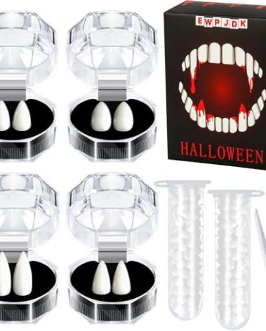 EWPJDK Vampire Teeth 4 Sizes Halloween Decorations Party Cosplay Props 4 Pairs Vampire Fangs Fake Teeth with Adhesive Halloween White Favors Accessories Gift