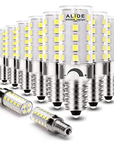 ALIDE Dimmable 5000k Daylight White LED Bulbs, Replace 40W E12 Halogen Equivalent, T6 Base 120V C7 LED Candelabra Bulbs 4W Bright White for Ceiling Fan Salt Lamp, 450lm, 10Pack