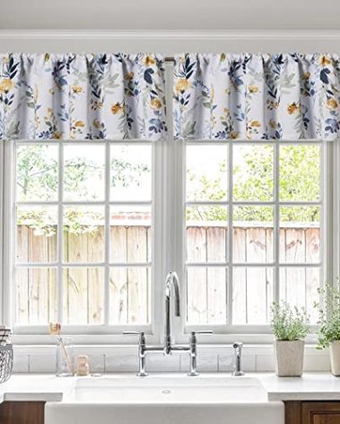 MYSKY HOME 2 Pack Blackout Window Valance, 18 Inches Long Kitchen Window Curtains Over Sink Rod Pocket Pattern Valance for Bathroom Bedroom Living Room, Yellow & Grey