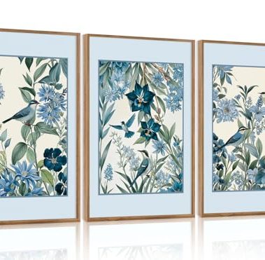 Aurlan Vintage Blue Birds and Botanical Framed Wall Art(16"x24"), 3PCS Classic Chinoiserie Audubon Bird Canvas Artwork, Large Abstract Watercolor Flowers Floral Home Decor for Bedroom Living Room