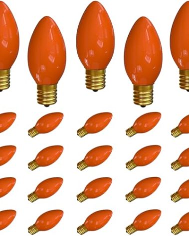 SUNSGNE 25 Pack C9 Orange Outdoor Halloween Night Light Bulbs, C9 Christmas Tree Lights for Indoor Outdoor Patio Strings, E17/C9 Intermediate Base, 7 Watt, Ceramic Orange