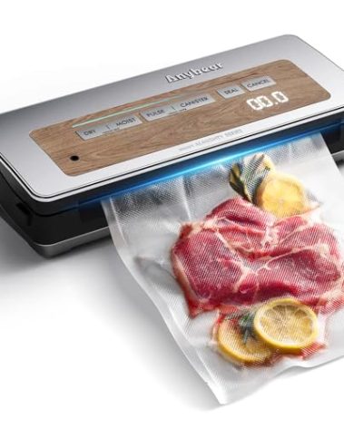 Vacuum Sealer Machine, 90kPa 120W Wide Seal All-IN-1 Powerful Food Storage, Build-in Cutter | Bags Storage | Digital Countdown Display | 2 Bag Rolls and 5pcs Pre-cut Bags (Silver Wood Grain)