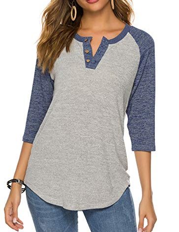 HOCOSIT Women's Raglan V Neck Summer Tops 3/4 Sleeve Ladies Button Henley Shirt Boyfriend Style Blouse