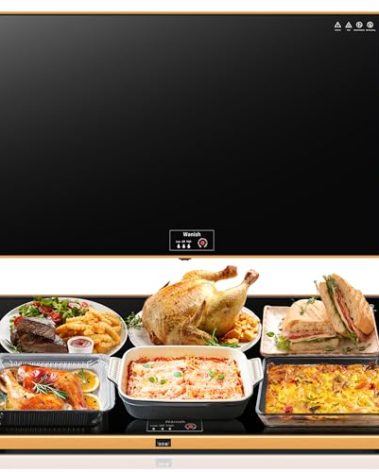 Electric Warming Tray (XXL 32”x18”)，Food Warmers for Parties Buffet with Thermostat & Full Surface Heating, Tempered Glass Warming Mat for Food, Temperature Adjustable Gold Handles Food Warming Mat