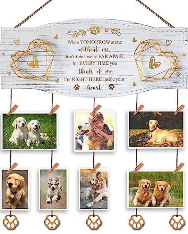 EXQUIDECA White Golden Memorial Picture Collage Board with Clips Twine and Paw Pendant - Bereavement Sympathy Grieving Gifts for Loss of Dog - House Wall decor for Dog Lover