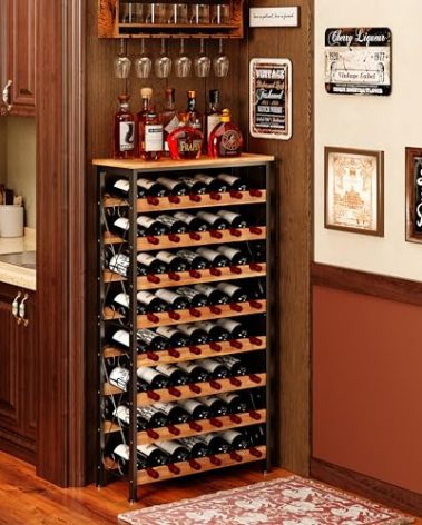 48 Bottles Wine Rack Freestanding Floor with Wood Top, 8 Tier Wine Bottle Holder, Wine Storage for Kitchen Pantry, Tall Wine Bar Stand Shelf Display 25.2''L X 10.7''W X 47.2''H