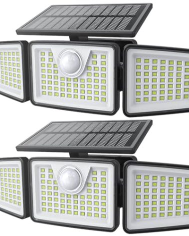 daphino 2500LM Solar Lights Outdoor with Motion Sensor,3 Head 270° Wide Angle Street Area Lights, IP65 Waterproof Security Lighting with 3 Modes(Non-Remote,2 Pcs)