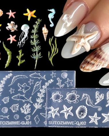 2Pcs Ocean Silicone Nail Molds,Summer Beach Nail Charm Design 3D Carving Template Resin Nail Art Mold Starfish Seashells Jellyfish Soft Silicone Nail Tools Nails Supplies for DIY Manicure Accessories