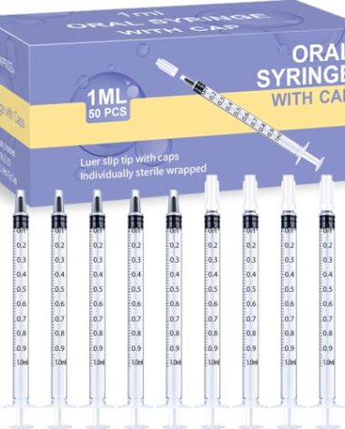 50 Pcs 1ml Syringes with Caps Oral Dispenser Individually Sterile Warpped for Medicine Dropper, Colostrum Collect Feeding Pets, Liquid