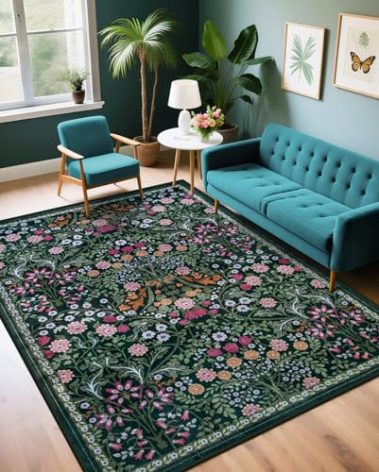 6x9 Area Rugs for Living Room: Floral Washable Rug Vintage Large Soft Boho Non-Slip Carpet Indoor Stain Resistant Thin Carpets for Bedroom Dining Room Farmhouse Nursery Hallway Home Office Dark Green