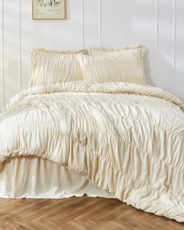 Queen Comforter Set - Ruched Comforter Queen Size Bed Set Boho Shabby Chic Bedding for Bedroom Comforter Fluffy 3 Piece Ruffle Comforter Set with Pillow White Bedding Soft