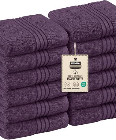 Utopia Towels 12 Pack Premium Wash Cloths Set, 12 by 12 Inches, 100% Cotton Ring Spun, Highly Absorbent and Soft Feel Washcloths for Bathroom, Spa, Gym, and Face, Plum
