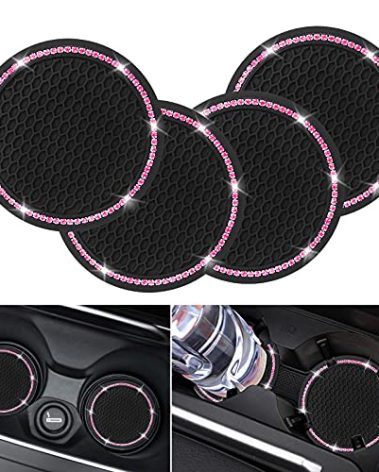 4 Pack Car Coasters, Universal Vehicle Bling Car Coaster, Cute Rhinestone Coaster for Cup Holders,Interior Accessories 2.75'' Silicone Anti Slip Car Coasters for Women (Pink Crystal Circle)